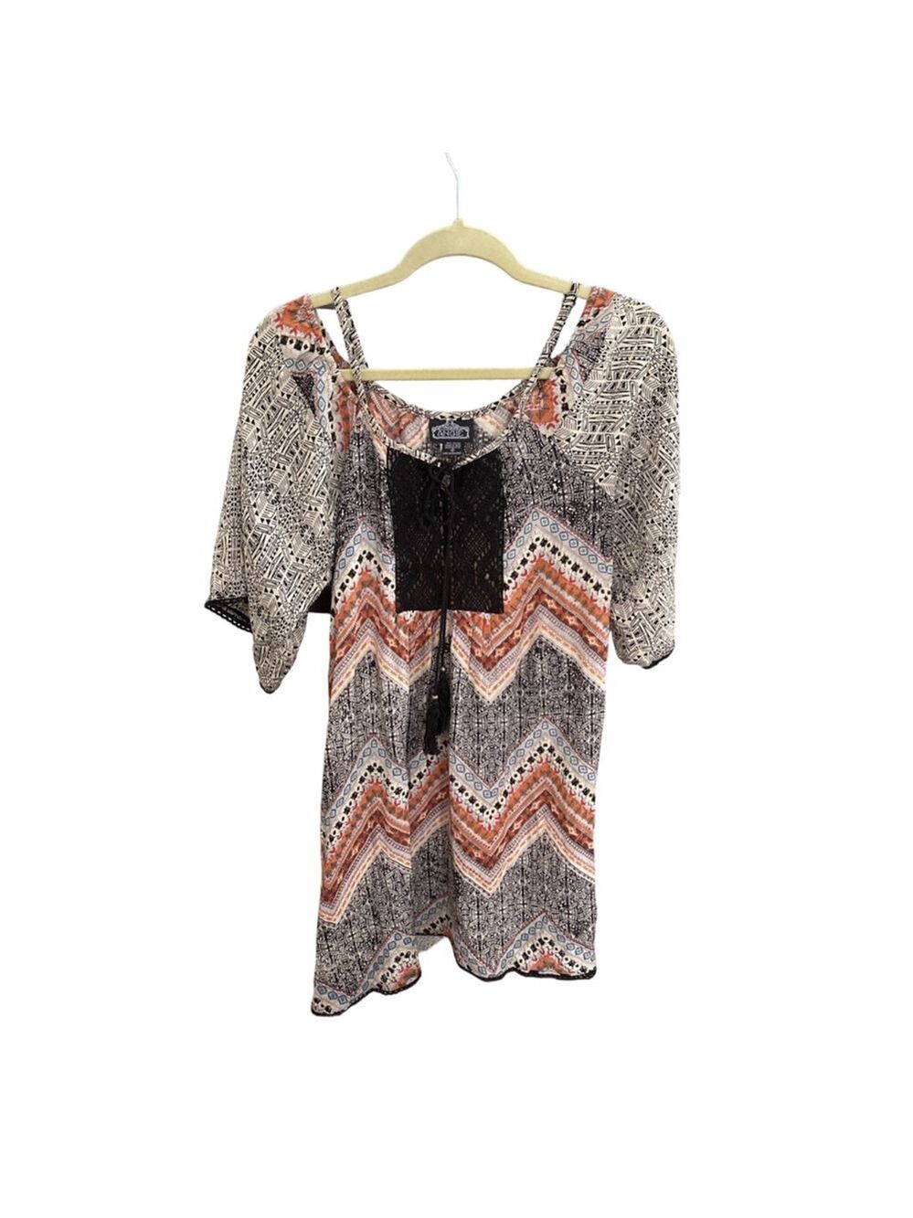 Women's ANGIE Tunic Top S Black Orange Geometric Print